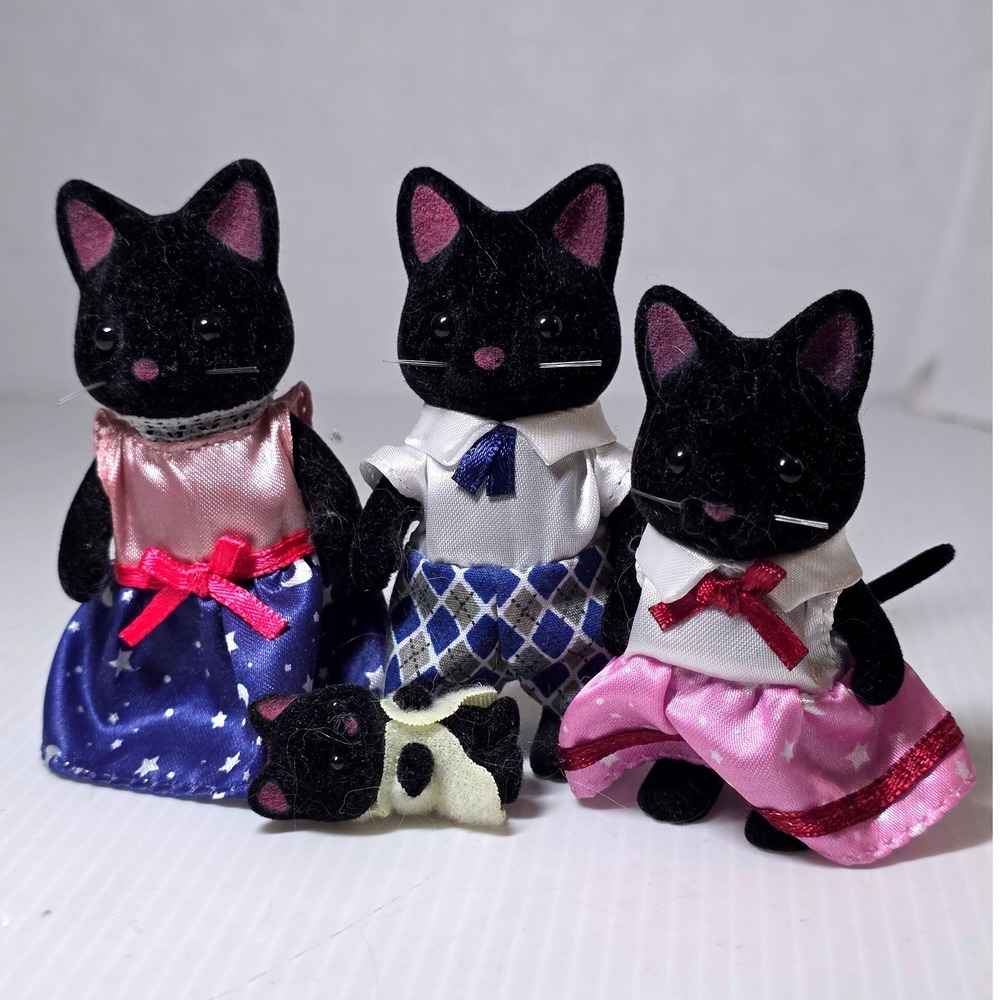 Sylvanian Families Calico Critters Midnight Cat Family 4pc Set Black Good Rare
